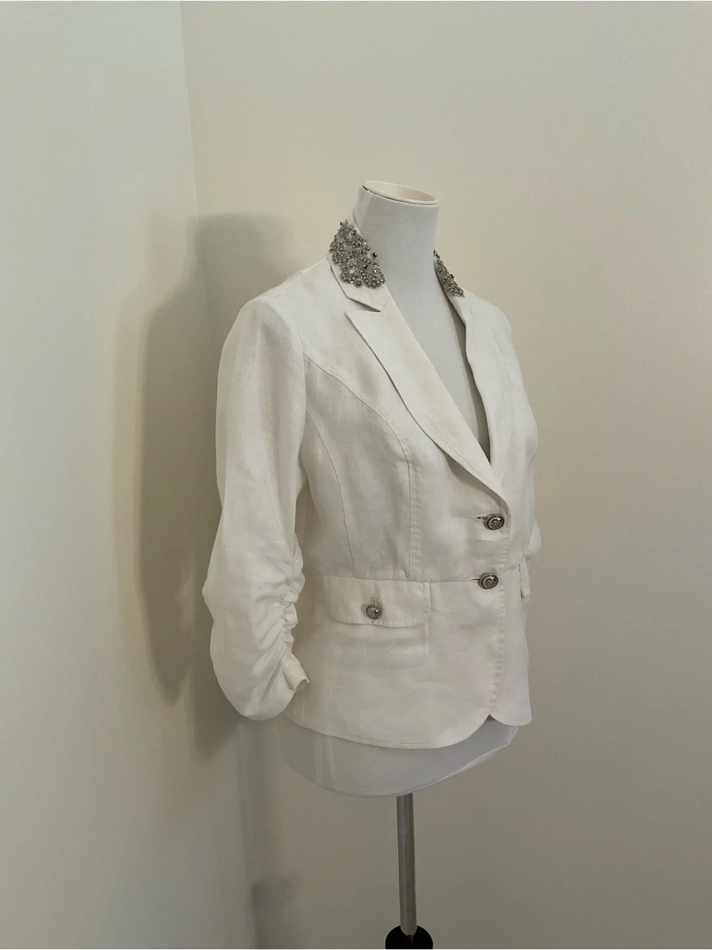 INC International Concepts White Linen Ruch Sleeve Peplum Jacket